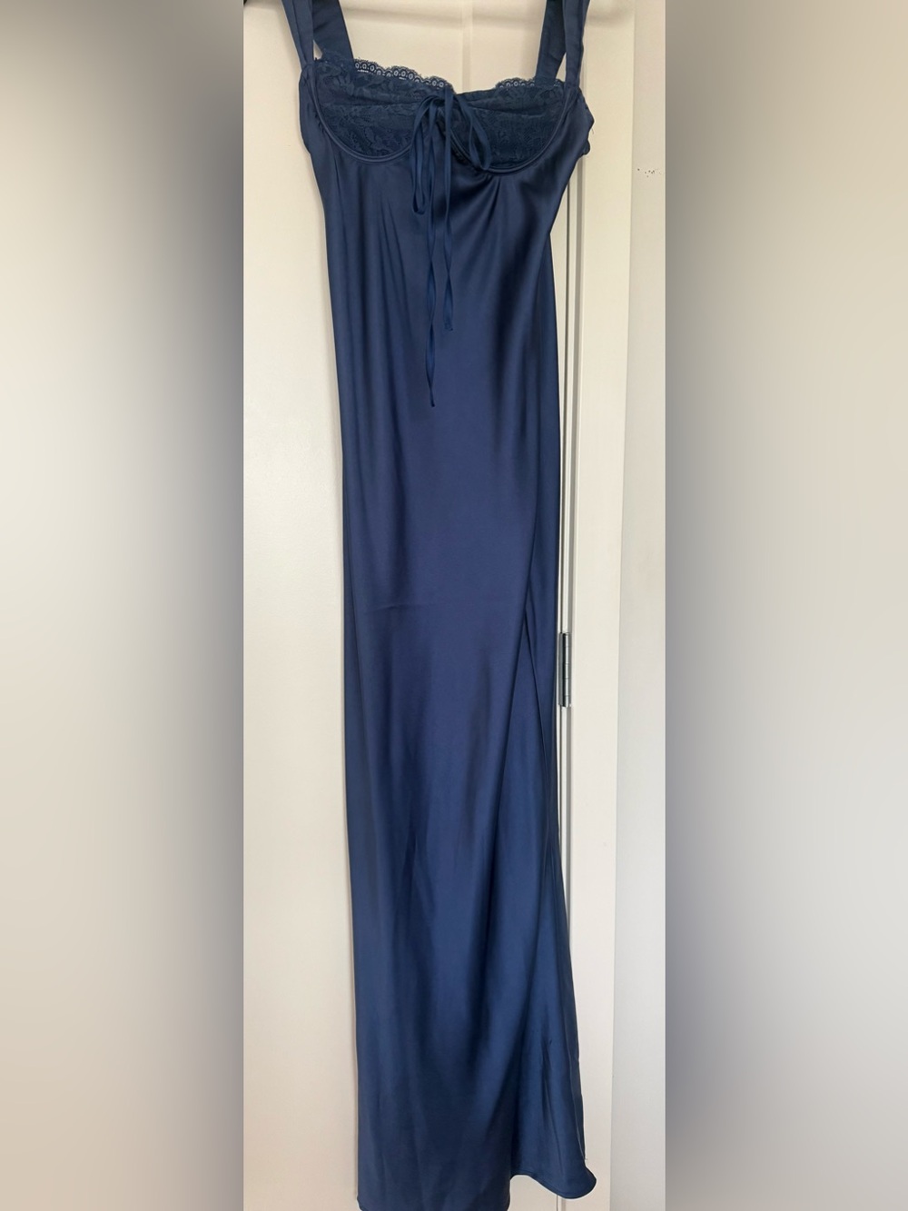 Navy Satin Slip Dress with Lace Bust